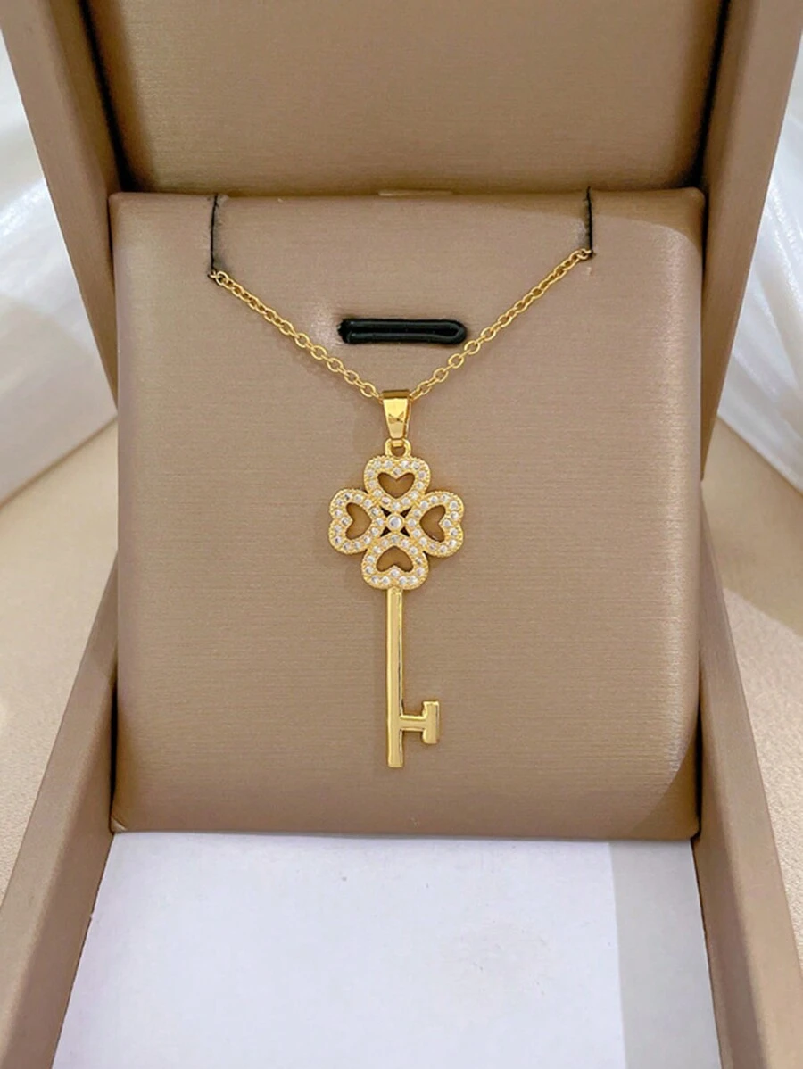 1pc Stainless Steel Lucky Clover Key Shaped Gorgeous Full Rhinestone Pendant Necklace For Women Valentines,Mom,Mother,Mother's Day,Gift