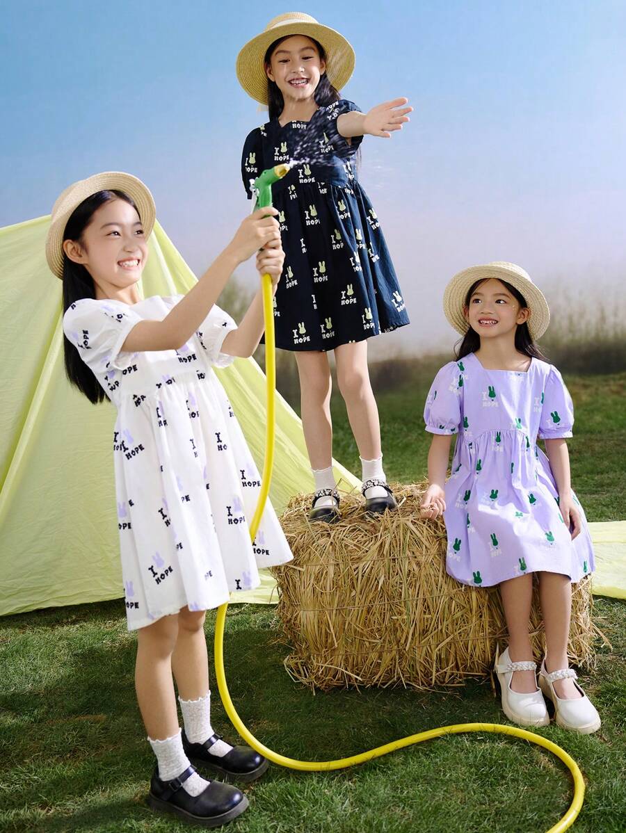 Annil Tween Girl Dresses Summer Skin-Friendly Cute Bunny Letter Printed Square Neck Short Sleeve Dresses White