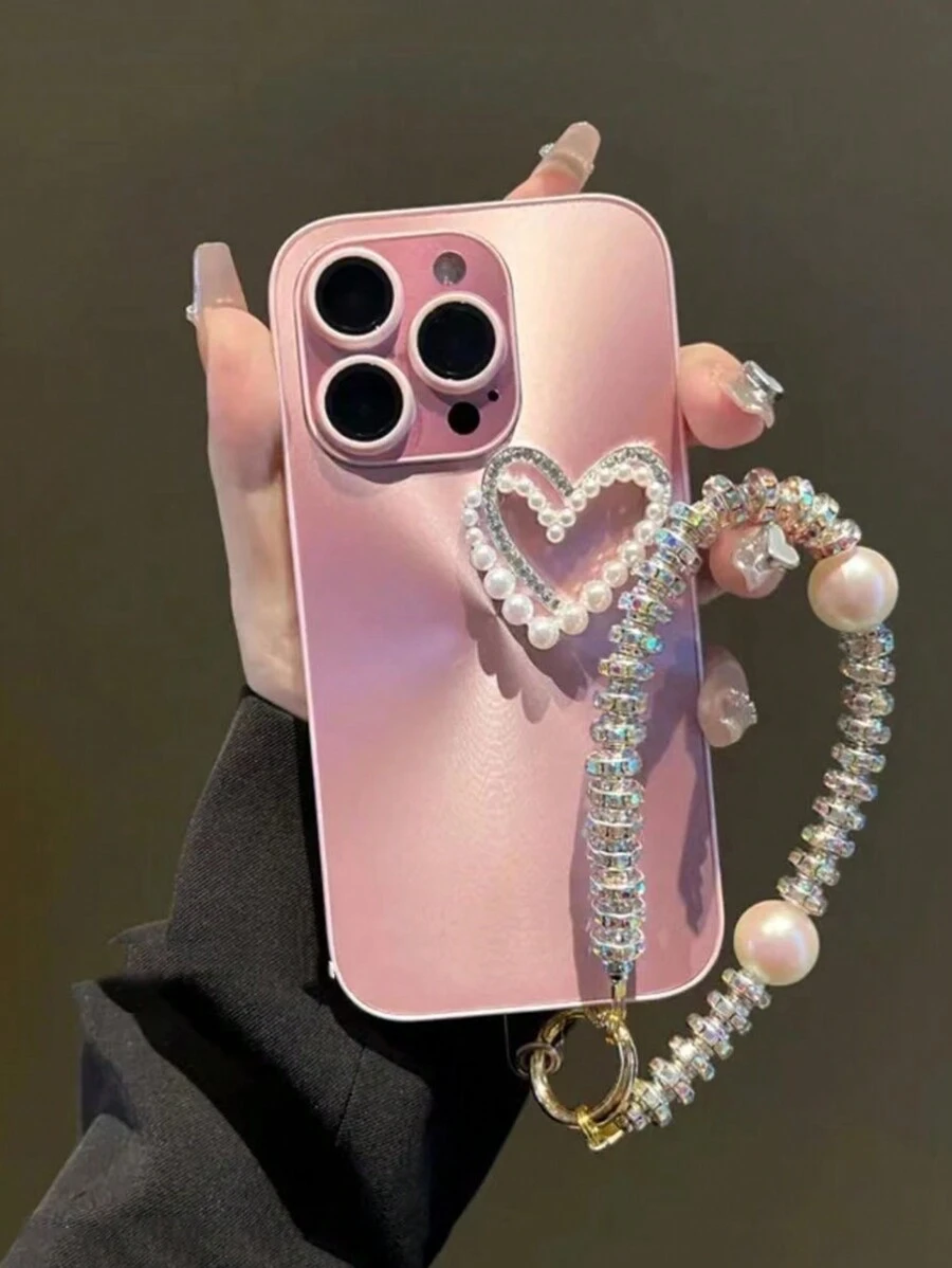 High-End 3d White Pearl Heart & Beautiful Gradient Pink Phone Case With Lens Film And Detachable Hand Strap, Compatible With Apple Iphone 15promax, Iphone14/12/11/13pro/14pro