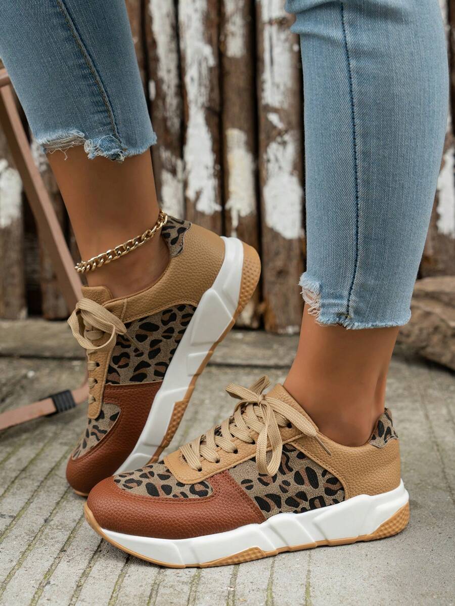 Maillard Cross-Border New Arrival Leopard Print Round Toe Low-Top Sneakers Large Size Sport Casual Flat Running Hiking Shoes