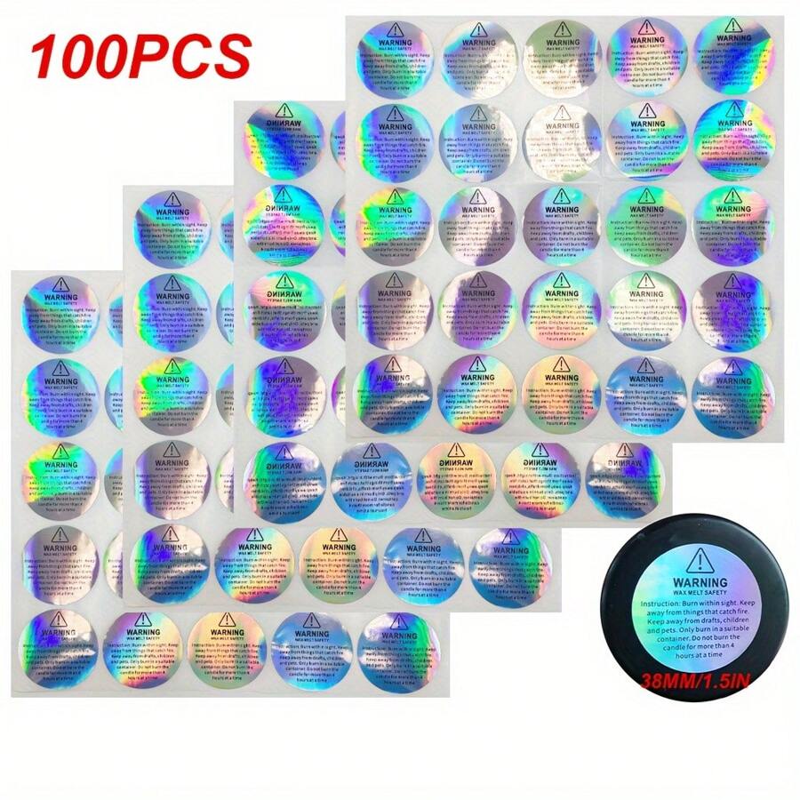 100pcs Holographic Candle Warning Labels For Jar, Container, Wax Melting Safety Stickers For Tins, Candle Making Supplies