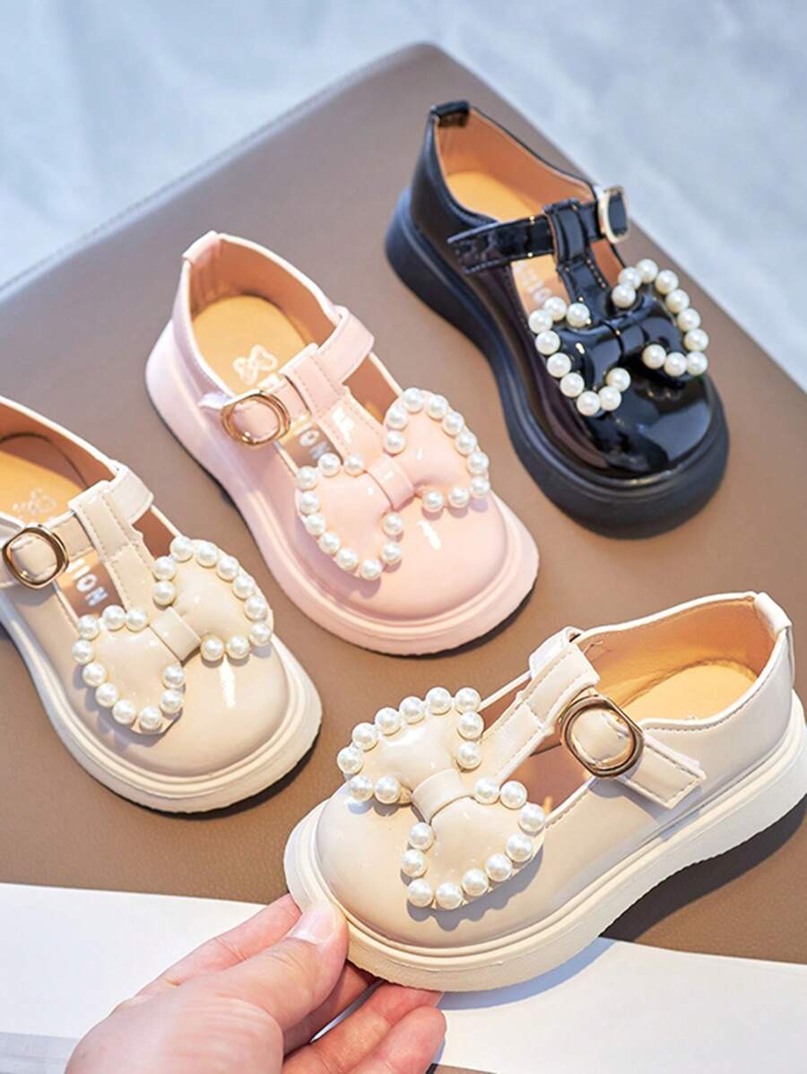 1 Paar Schwarze Handgemachte Mädchen Schuhe Mit Perlen Und Schleife, Rutschfeste Gummisohle Mit Spiegel Pu, Liebliches Prinzessinenschuh, Geeignet Für Mädchen Von 3-9 Jahren, Frühlingskleidung
