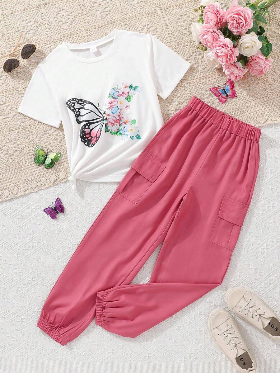 Conjunto de Camiseta de manga corta con estampado de mariposas y flores y pantalones utilitarios para niña preadolescente, verano