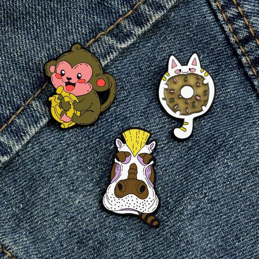 1pc Creative Animal Enamel Pins Cute Chocolate Donut Cat Hippo Horse