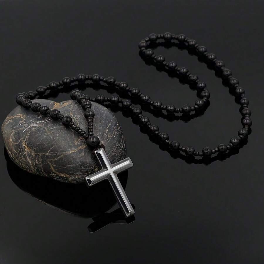 1 Stück Schwarzer Hämatit Kreuz Anhänger, Glasperlen Lange Kette, Gebet Taufe Halskette Für Männer Frauen, Christliches Geschenk