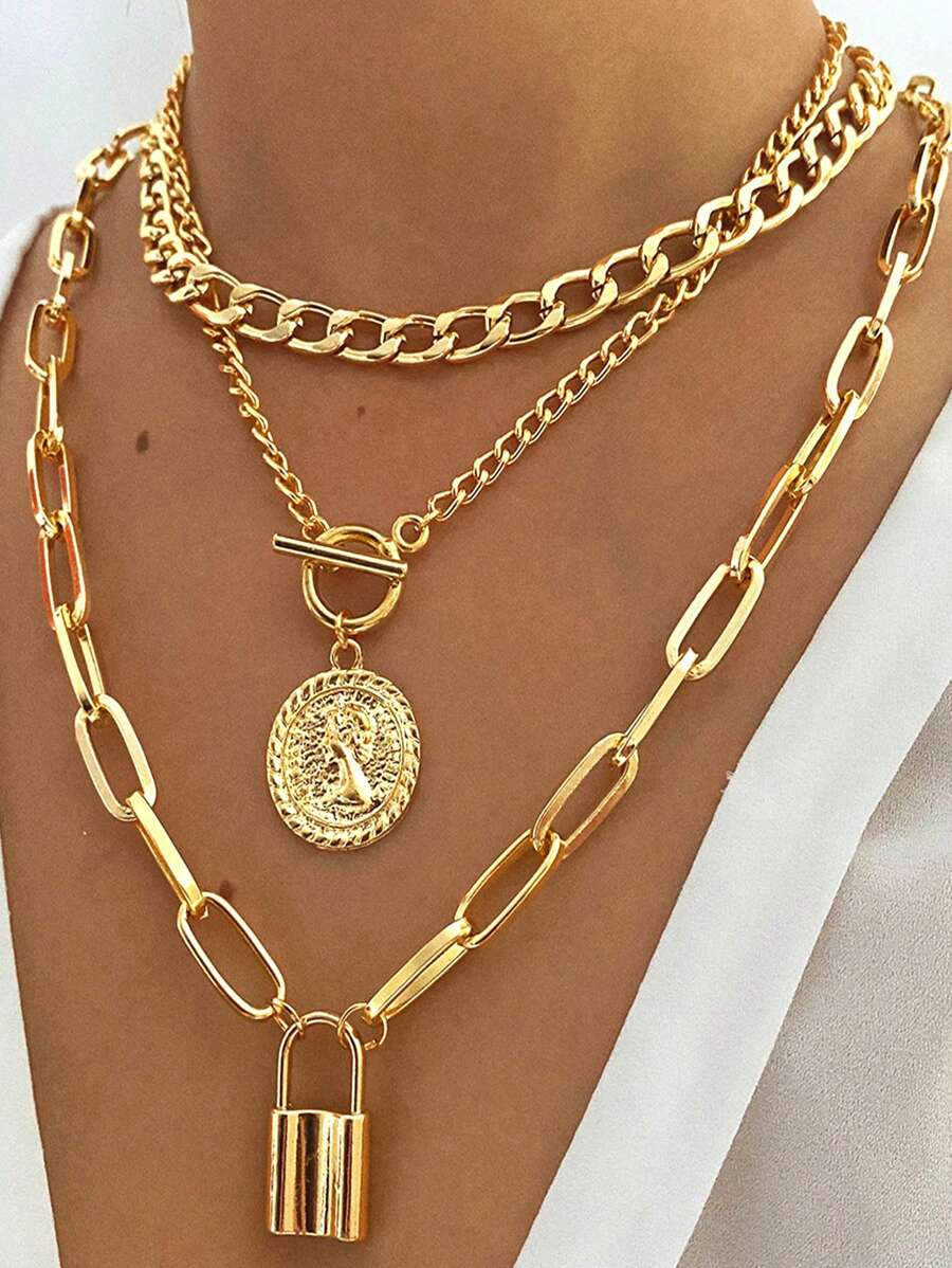 3 Piezas/conjunto Collar De Cadena Gruesa De Capas Múltiples Con Colgantes De Candado Y Moneda Para Mujeres