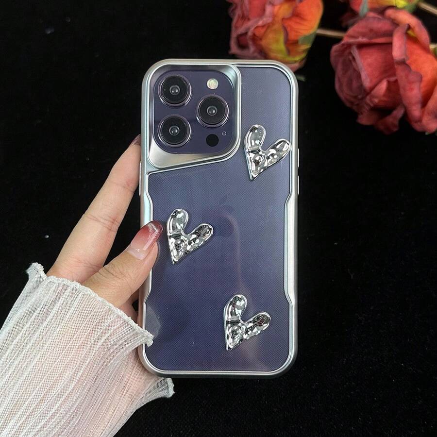 3D-gegalvaniseerde zilveren hartvormige siliconen telefoonhoes compatibel met iPhone 15/15pro/15promax/14/13/12/11/Xsmax-serie, telefoon beschermhoes