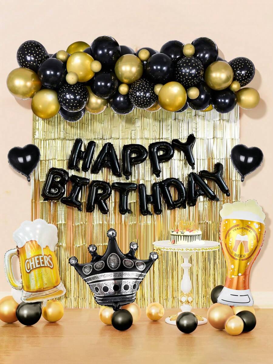 63pcs/Set Black & Gold Happy Birthday Decoration Kit, Balloon Arch Set, Banner With Metallic Tassels, Champagne Bottle & Crown Shaped Balloons, Perfect For Adult's Birthday Parties, Fit For 20th, 30th, 35th, 40th, 50th, 60th, 70th, 80th, 90th Celebrations, Christmas