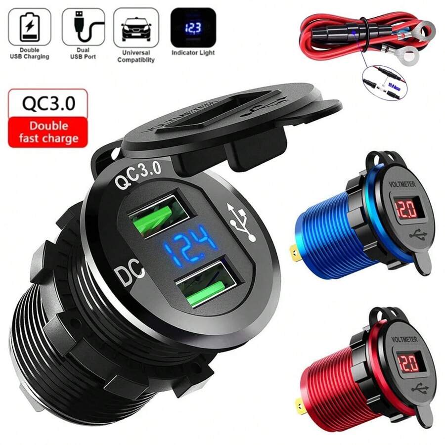 QC3.0 Car Cigarette Lighter Socket Plug Aluminum Double Dual USB Port LED Voltmeter 12V-24V