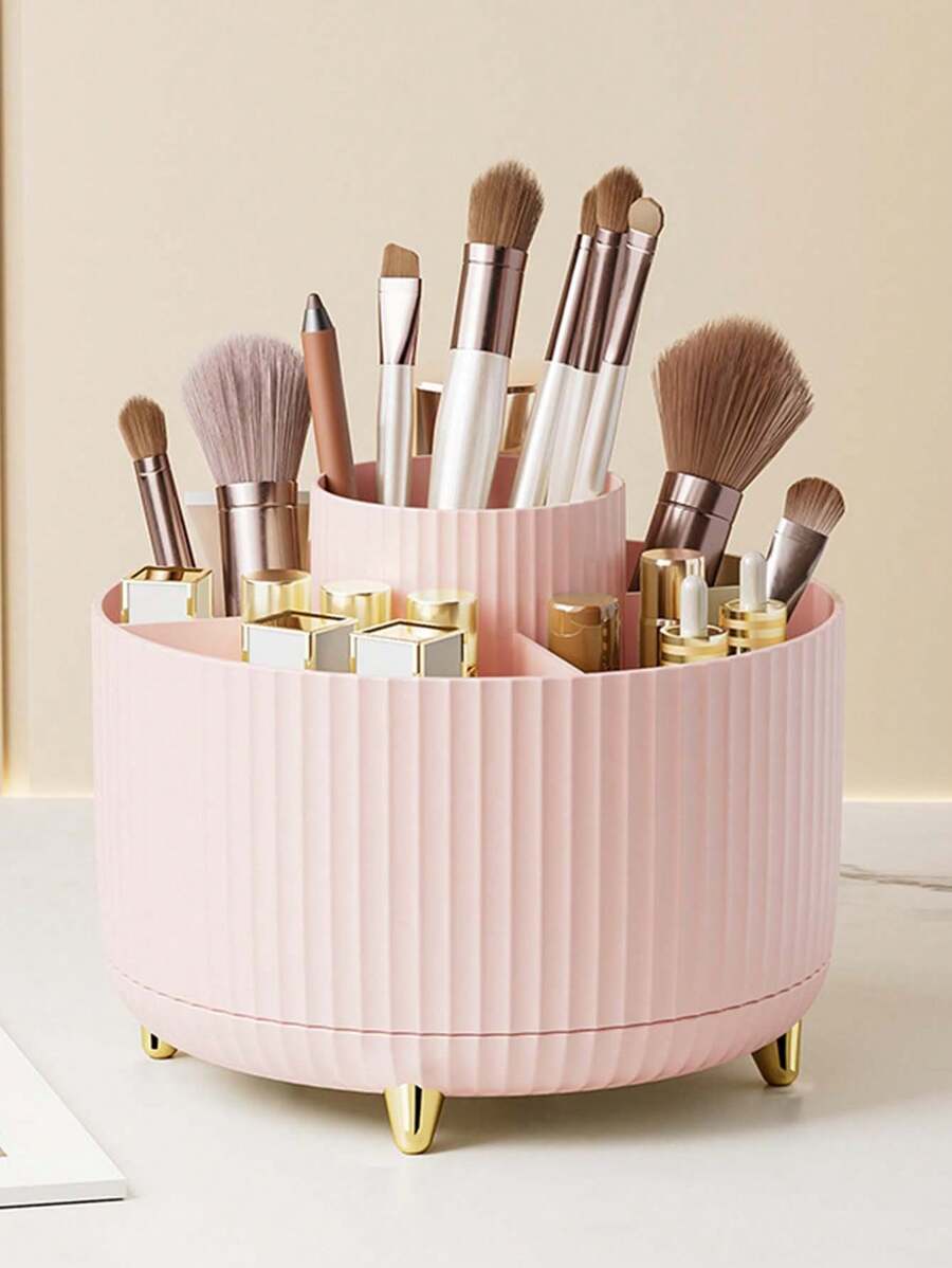 Support d'organisateur de cosmétiques cylindrique rotatif pour pinceaux de maquillage de bureau avec plusieurs compartiments et porte-rouge à lèvres et ombre à paupières, décoration de coiffeuse pour la maison