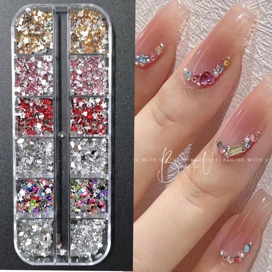 Conjunto de 12 rejillas de pequeños diamantes de imitación de uñas coloridos y blancos y diamantes de imitación planos en una caja para decoración de uñas de arte DIY, encantos de uñas, joyas de uñas, suministros de uñas decoración uñas