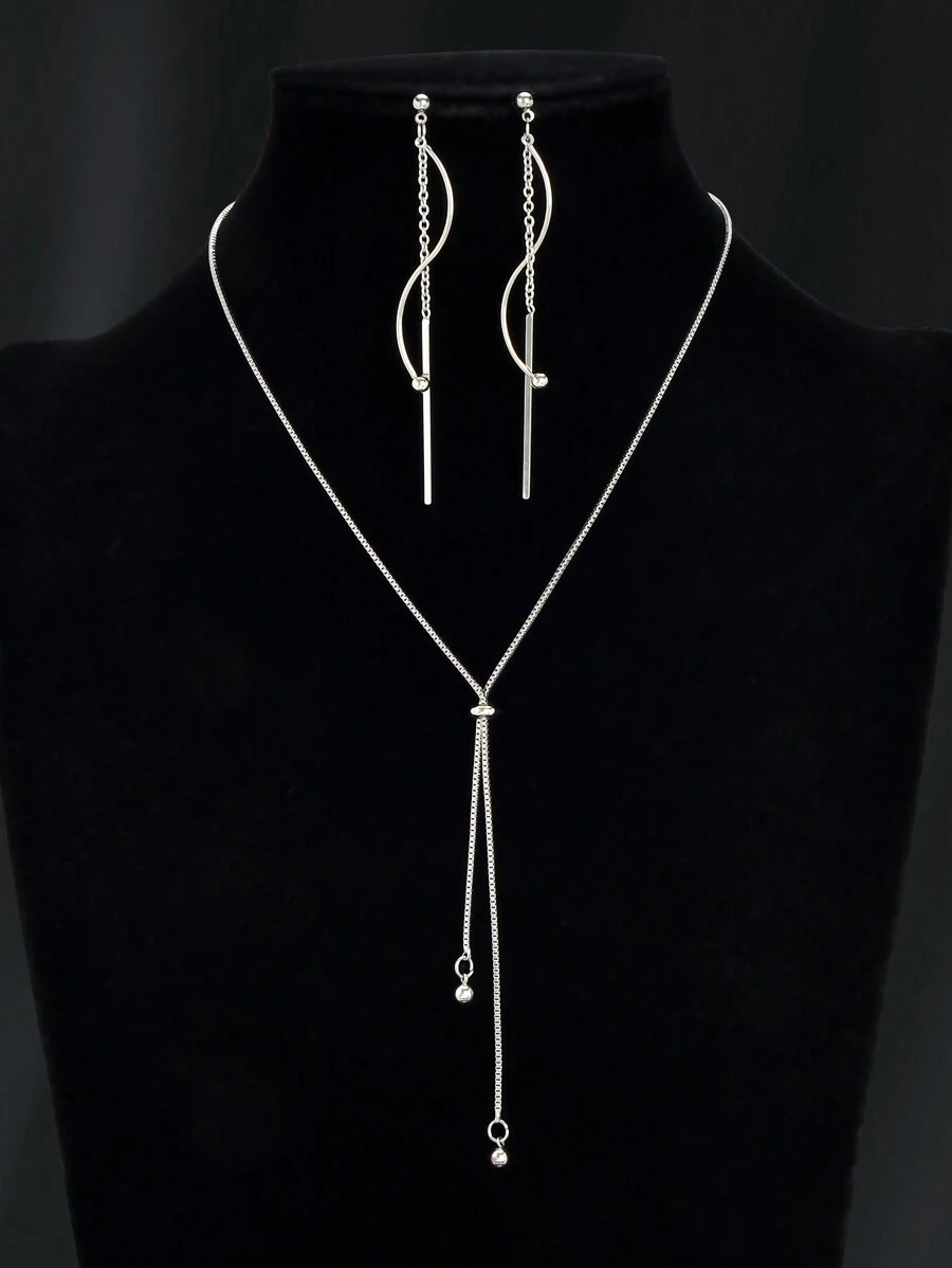 Conjunto De Joias Minimalista De Festa Com 3 Peças: Colar De Pingente Longo Estilo Corrente Longa Prateada, Brincos De Pingente De Bastão