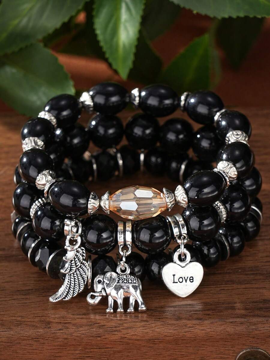 3pcs/Set Multi-Layered Cracked Beaded Bracelet With Elephant And Heart Shaped Pendant Valentines,Mom,Mother,Mother's Day,Gift
