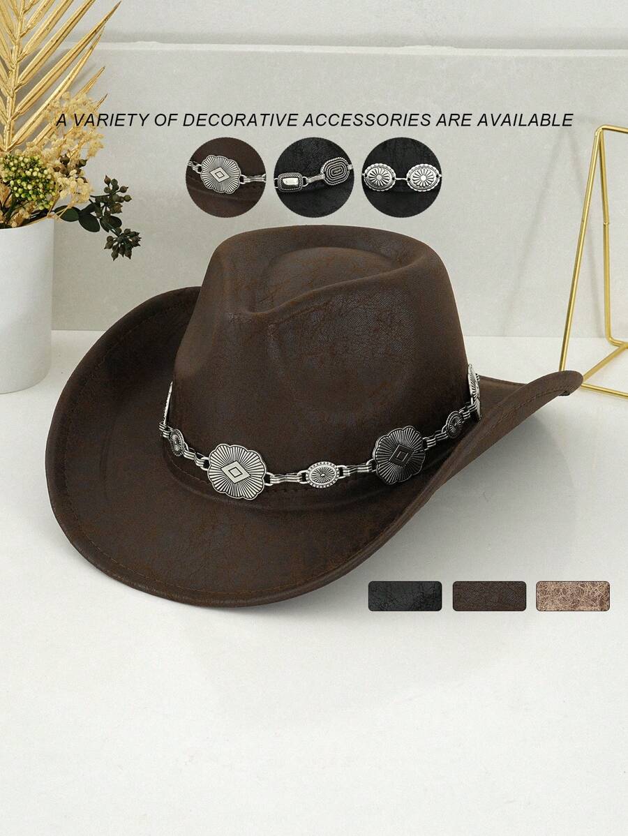 1pc Unisex PU Leather Western Cowboy Hat, Matched With Unique 3D Metal Buckle Hatband Belt Chain, Retro Steampunk Accessory, Gift For Men, Suitable For Party, Western-Themed Activities, Gatherings, Cosplay, Graduation Ceremonies, Costume Parties, Festivals, And Music Festivals Halloween