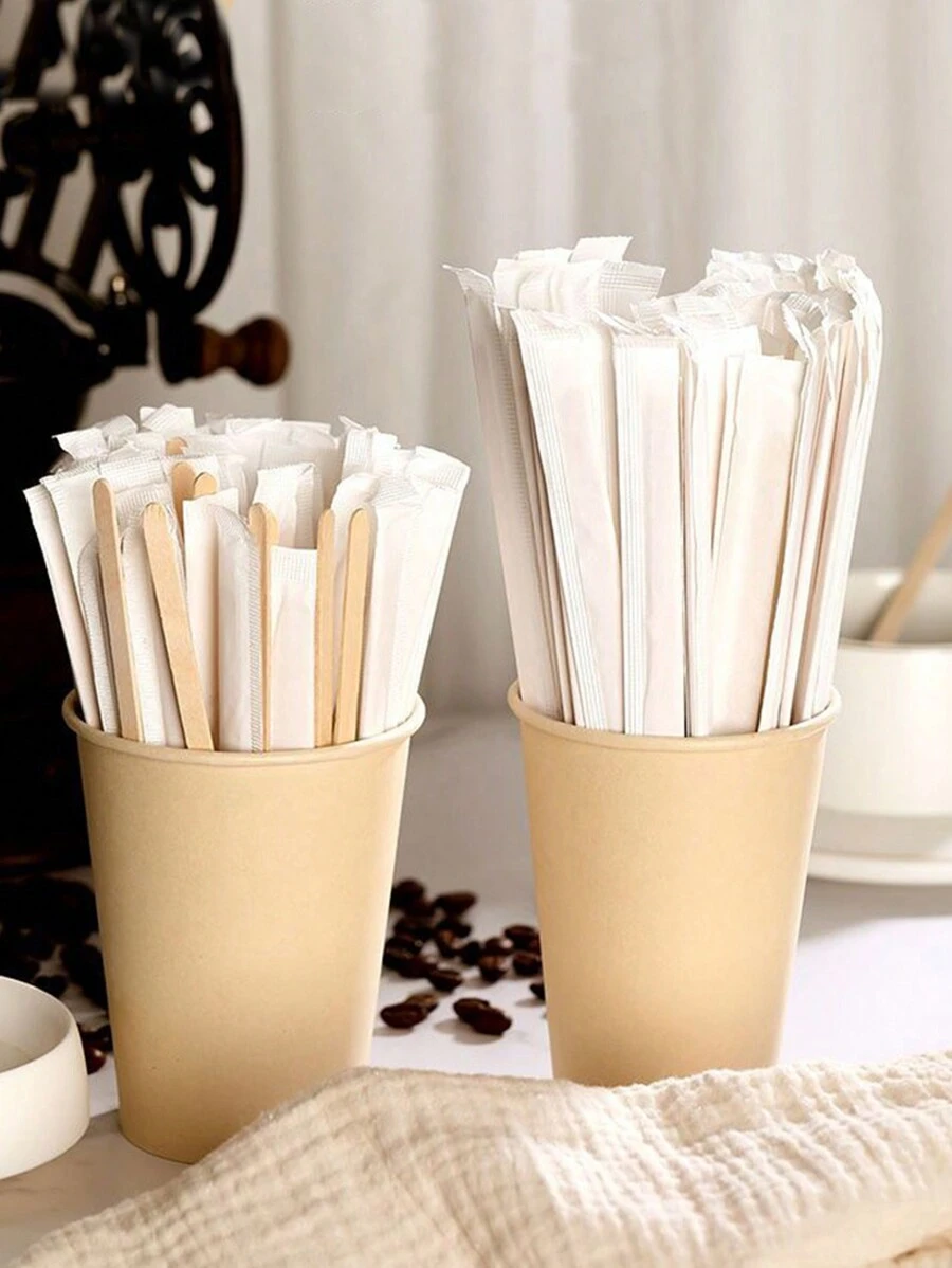 50 pièces/100 pièces Bâtonnets à café en bois jetables, chacun emballé individuellement dans un sac en papier pour remuer les jus, le lait et les boissons en cuisine. Plusieurs tailles au choix. Fournitures scolaires, rentrée scolaire