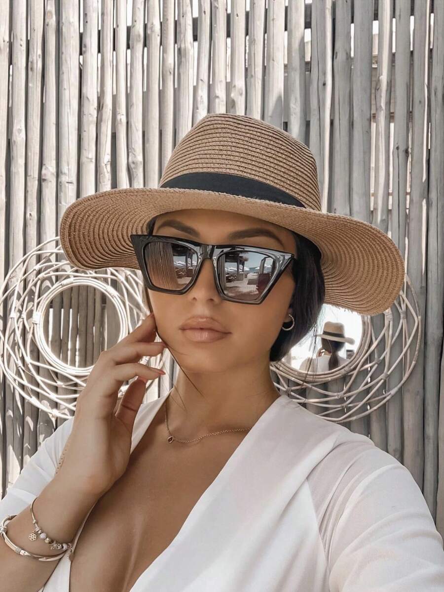 1pc Women's Khaki Western Style Cowboy Hat With Upf 50+ Sun Protection, Panama Straw Hat With Black Belt Decoration, Vintage Style, Lightweight, Breathable, Suitable For Beach And Travel, Wedding Season, Music Festival, Valentine's Day Gift