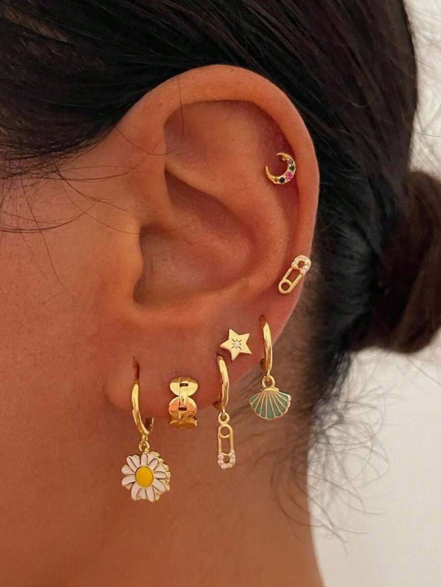 7pcs Stylish Vacation Style Asymmetrical Colorful Rhinestone Earrings Set + Fashionable Copper Zirconia Sunflower, Shell, Star, Moon, Clasp Stud Earrings Valentines,Mom,Mother,Mother's Day,Gift