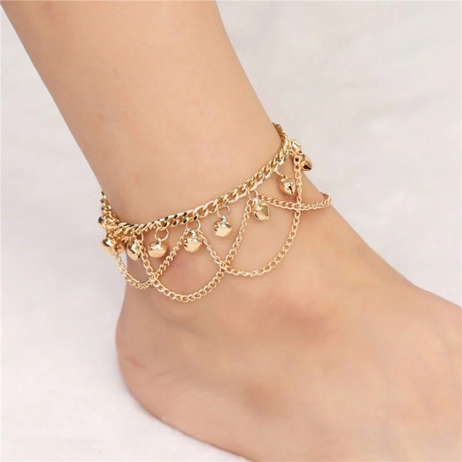 1pc Fashionable Bell Anklet, Boho Wave Tassel Bell Anklet Chain For Women, Bridal Foot Jewelry, Gold-Tone Chain Beach Accessory