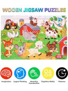 30pcs Wooden Puzzle, Cartoon Dinosaur & Sea Animal & Forest Animal & Farm Animal Shaped Educational Jigsaw Puzzle For Classroom Or Children's Day Gifts (Partial Random)