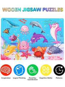 30pcs Wooden Puzzle, Cartoon Dinosaur & Sea Animal & Forest Animal & Farm Animal Shaped Educational Jigsaw Puzzle For Classroom Or Children's Day Gifts (Partial Random)