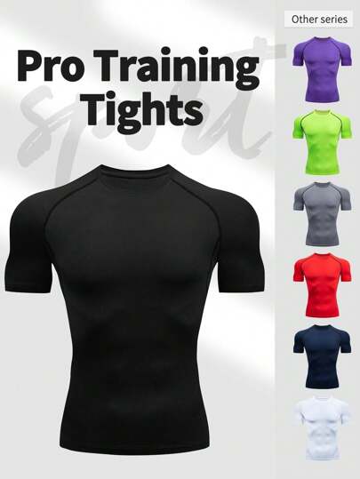 Boyfriend Style Men's Sport Fitness Tight Short Sleeve T-Shirt, Round Neck, Moisture Wicking, Solid Color Basic Workout Tee For Running Gym Training Gym Clothes Boyfriend Style Men Basic T Shirt