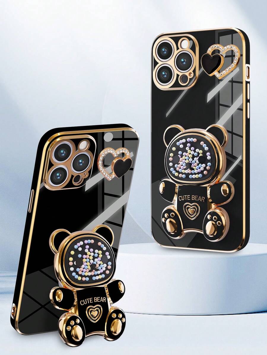 Rainbow Electroplated Teddy Bear Diy Heart Phone Case With Electroplating New Technology Anti-Fall Case + Electroplating Hidden Bracket + Full Phone Case Set + Compatible With Apple 11/12/13/14/15promax Samsung S22/23/24+Ua04/A05/A14/A15/A24/A25/A34/A54s Xiaomi Oppo Vivoredmi13c