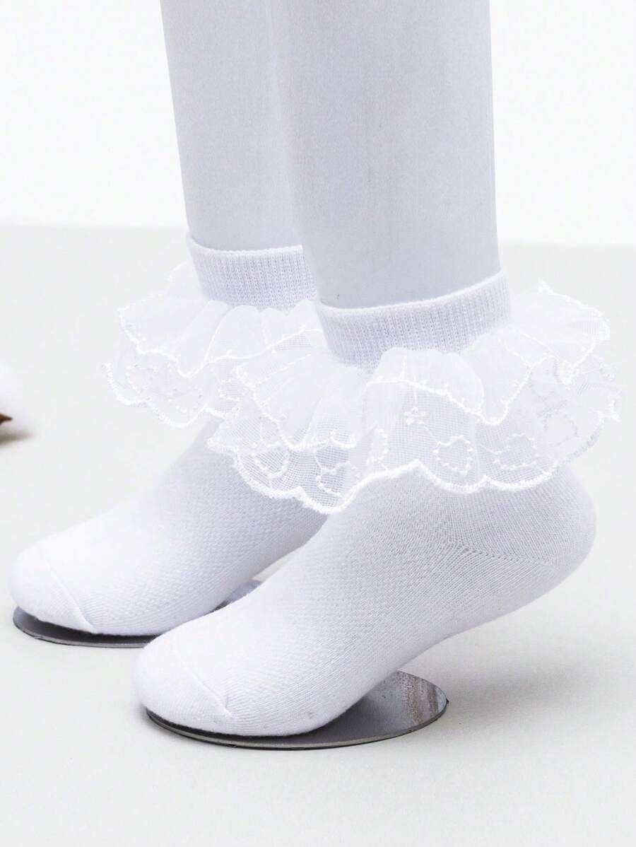 1 par de calcetines cortos con adorno de encaje de unicolor para niñas, estilo princesa para niñas pequeñas y niñas grandes