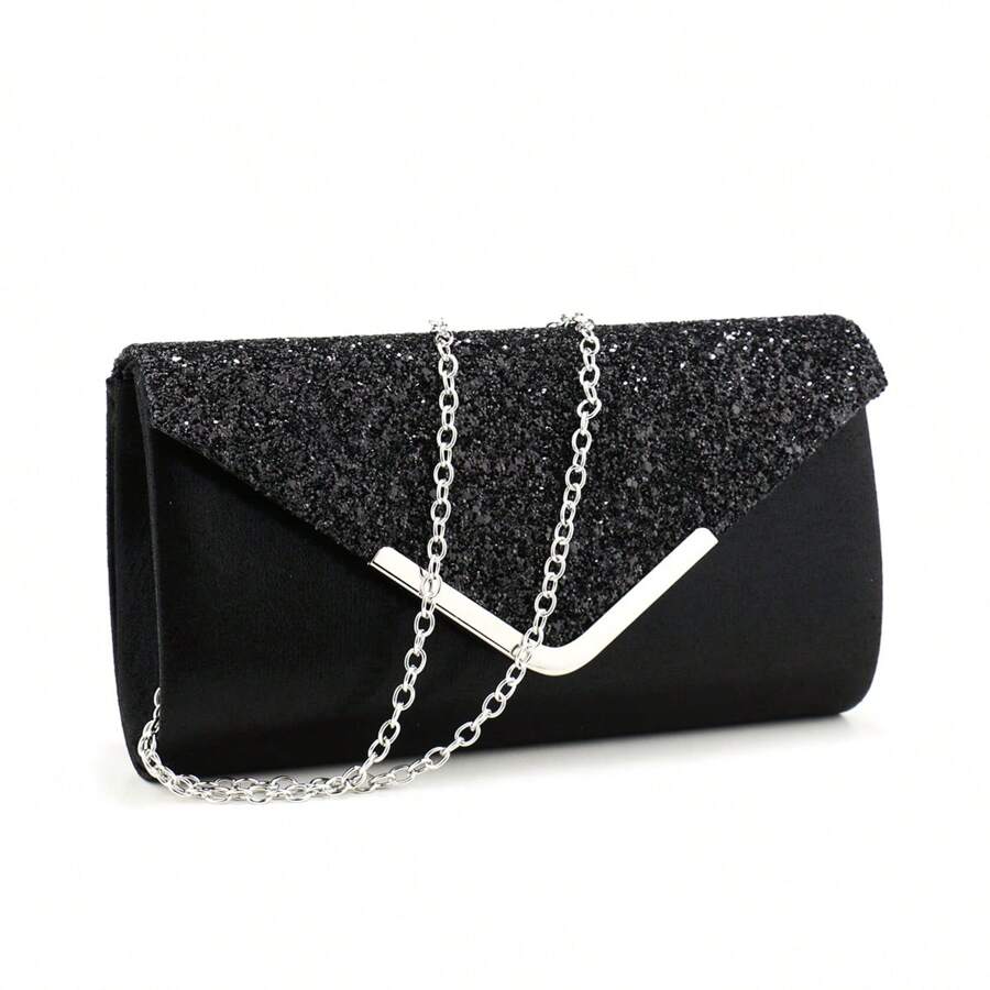 Sac à main de soirée avec paillettes, chaîne en métal, design en V, pour la Saint-Valentin, rendez-vous amoureux, mariage, soirée, banquet. Sac à main de fête de lady décontracté
