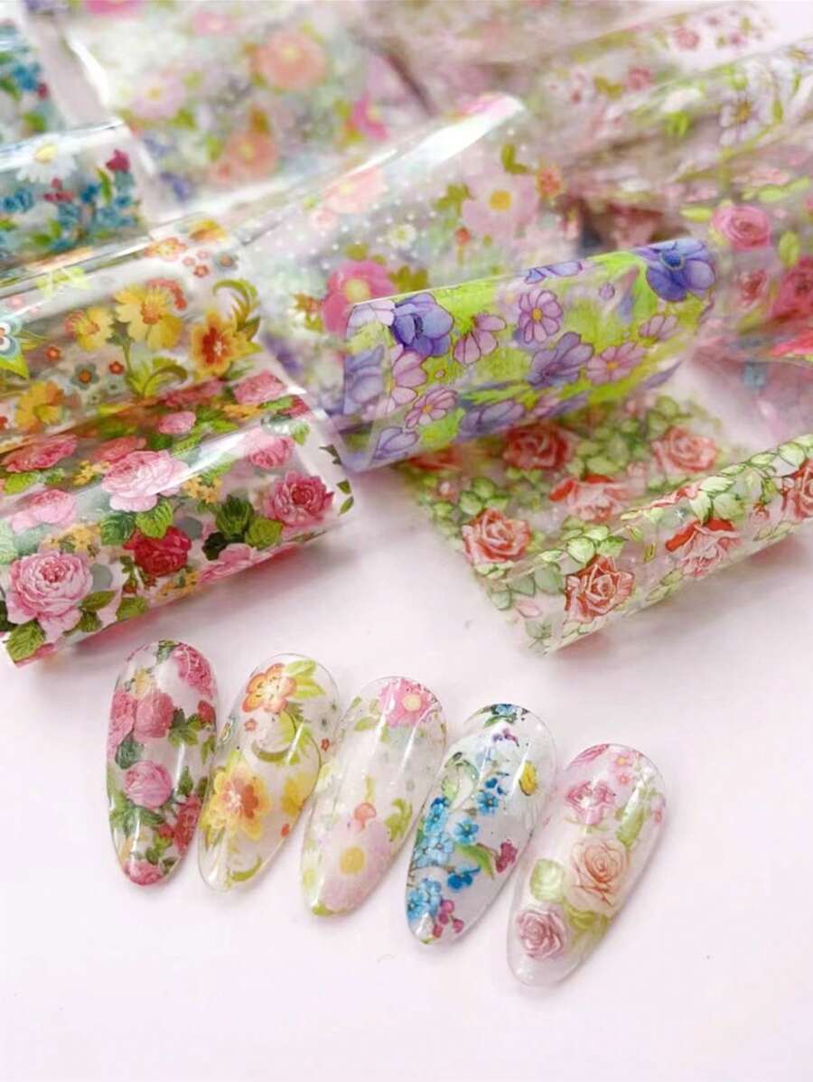 1 sac de 10 papiers de transfert floraux d'été de longueurs différentes de 20 cm, teints avec des roses, art des ongles floraux frais, papier ciel étoilé, décoration d'ongles célèbre sur Internet au Japon, accessoires pour ongles