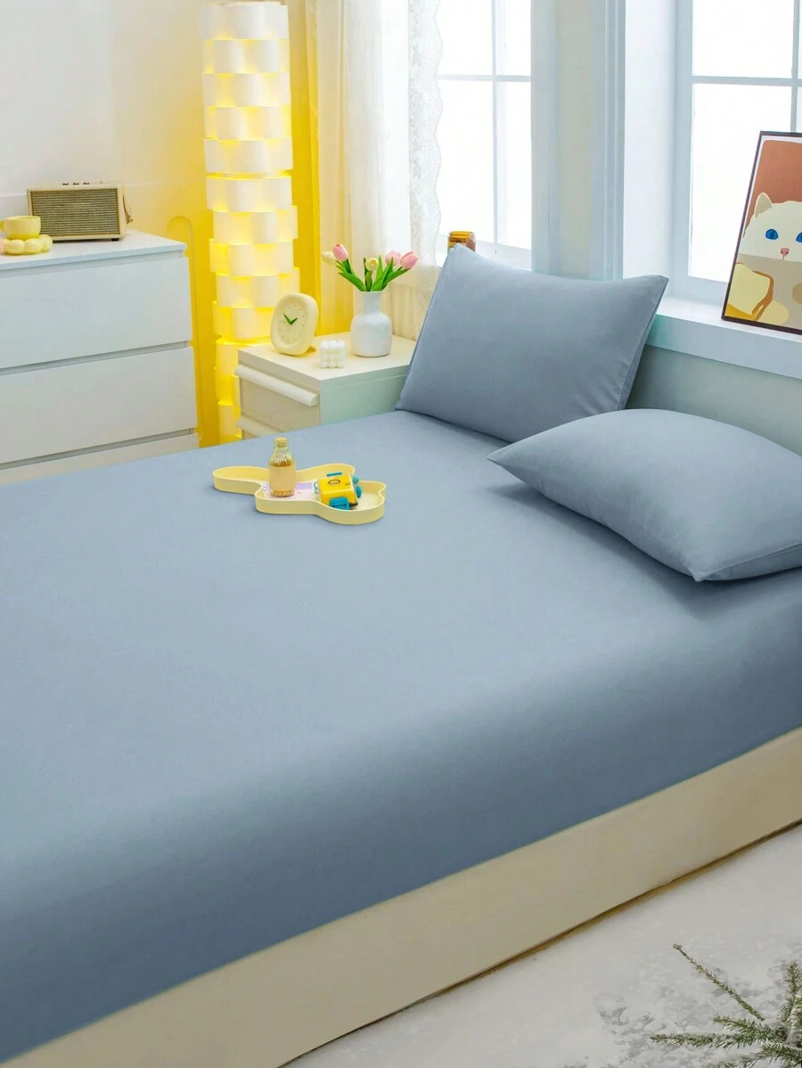 1pc Solid Color Brushed Fitted Sheet, Light Blue Bed Cover For Bedroom, Bedding