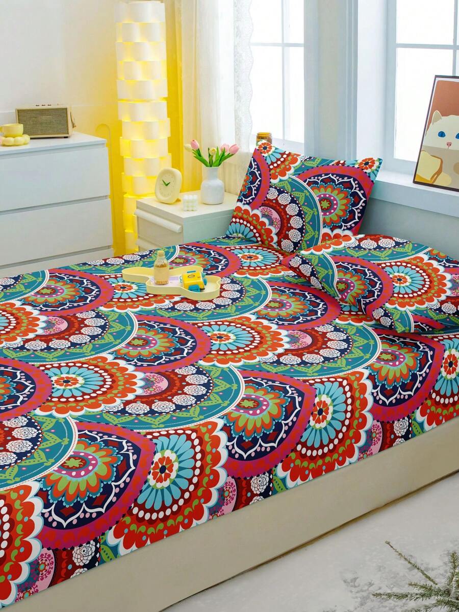 1pc Bohemian Pattern Printed Brushed Fitted Sheet, Bedroom Floral Bed Cover, Bedding