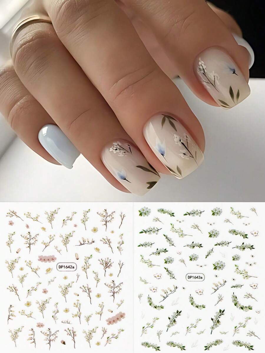 2pcs Green Flower Leaf Bouquet Nail Stickers And Decals,Romantic Floral Design Elegant Self Adhesive Nail Art Sliders Decoration Gifts For Women DIY