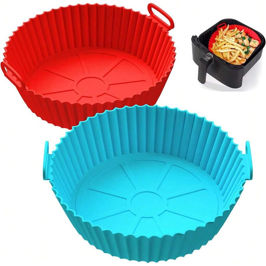 Air Fryer Silicone Liner For 3-5 QT, Flammable Parchment Paper Replacement, Reusable Baking Pan Oven Accessory, Red/Blue, Round/Square(Top 8 Inches, Bottom 6.75 Inches)