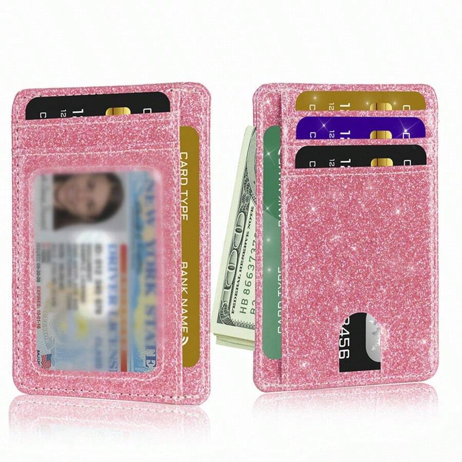 1 peça carteira minimalista fina e brilhante, carteira com bolso frontal, bolsa com bloqueio de RF para meninas, porta-cartões, carteira, porta-cartões de visita, porta-cartões de crédito, porta-cartões de identificação, porta-cartões para mulheres, mini carteira, carteira para cartões