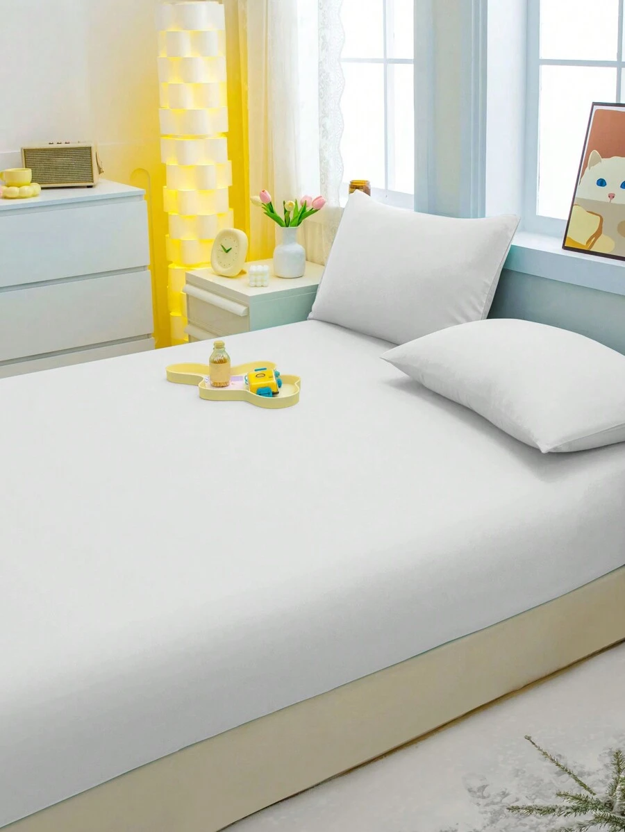 1pc Solid Color Brushed Fitted Sheet, White Bed Cover For Bedroom, Bedding