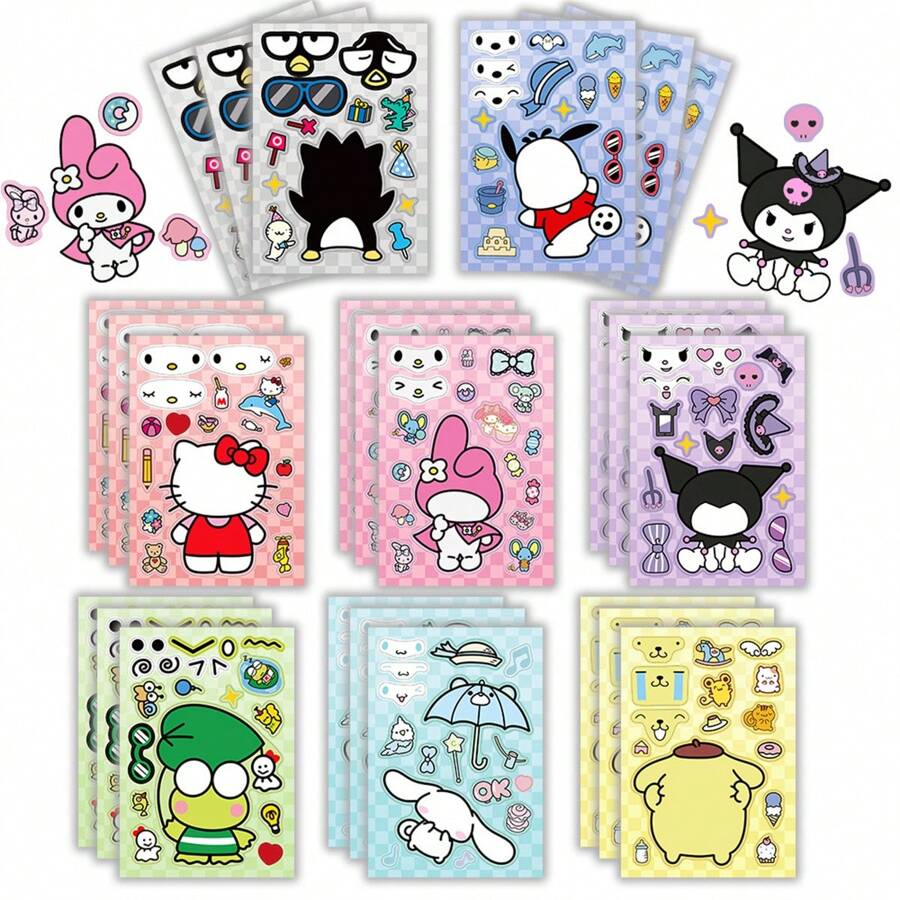 Sanrio 8/16 Blätter gemischte Kuromi Hello Kitty Kinder-Puzzle, Kitty Katze Anime Aufkleber zum Gesicht Basteln, Cartoon Spiel Dekoration, Puzzle Bausatz Jungen Spielzeug