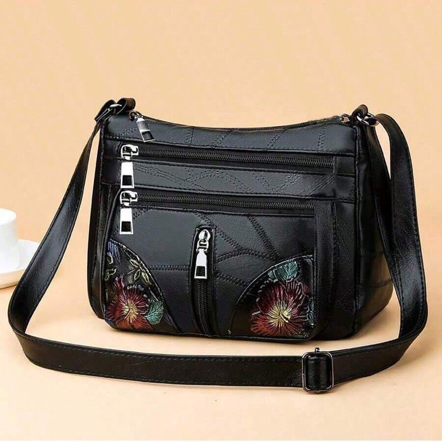 Nova Bolsa Feminina de Textura Macia, Fashionable e Atmosférica, Bolsa a Tiracolo Versátil, Bolsa a Tiracolo com Capacidade Grande, Zíper com Padrão de Flor, Orientação Aleatória