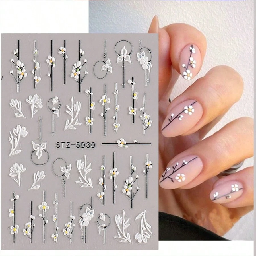1 pieza de Calcomanías adhesivas de uñas acrílicas 5D con flores y líneas en relieve, encaje blanco, mariposa en forma de corazón, autodeslizantes, Decoración de uñas