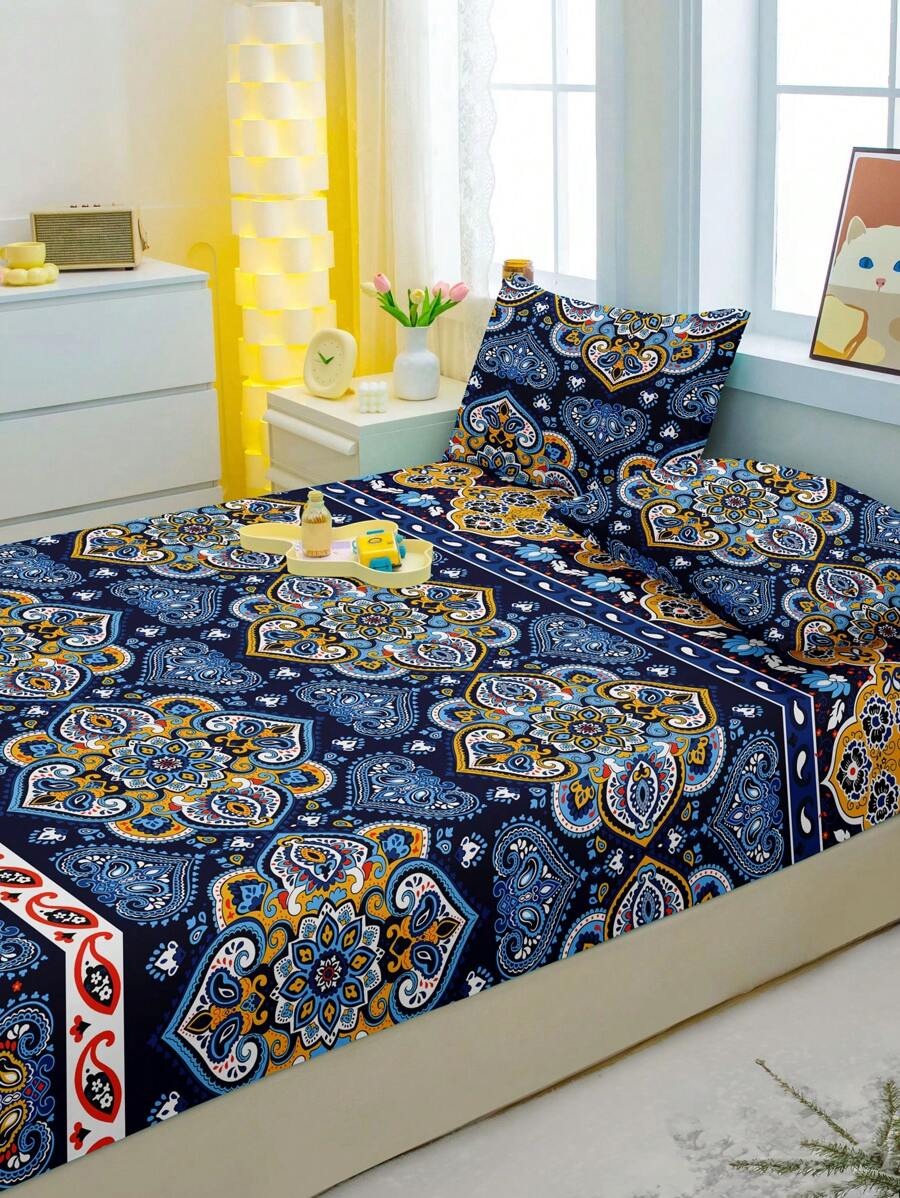 1pc Bohemian Pattern Printed Brushed Fitted Sheet, Bedroom Fitted Sheet With Printed Cover, Bedding