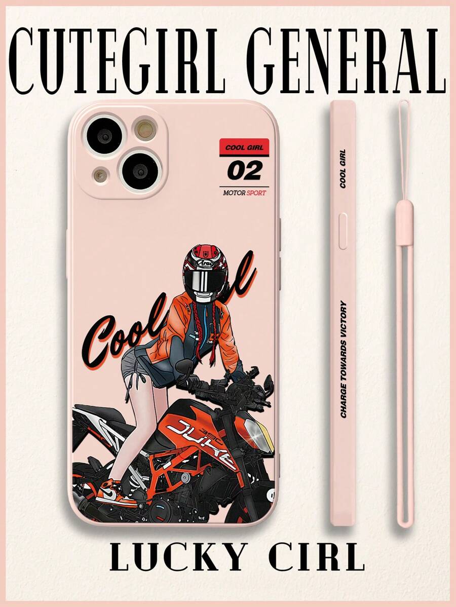 1pc Fashionable Moto Girl Printed Edge Sandblasting Texture Phone Case With Side Print, Includes Hand Strap, Compatible With Apple, Samsung, Xiaomi Redmi Series