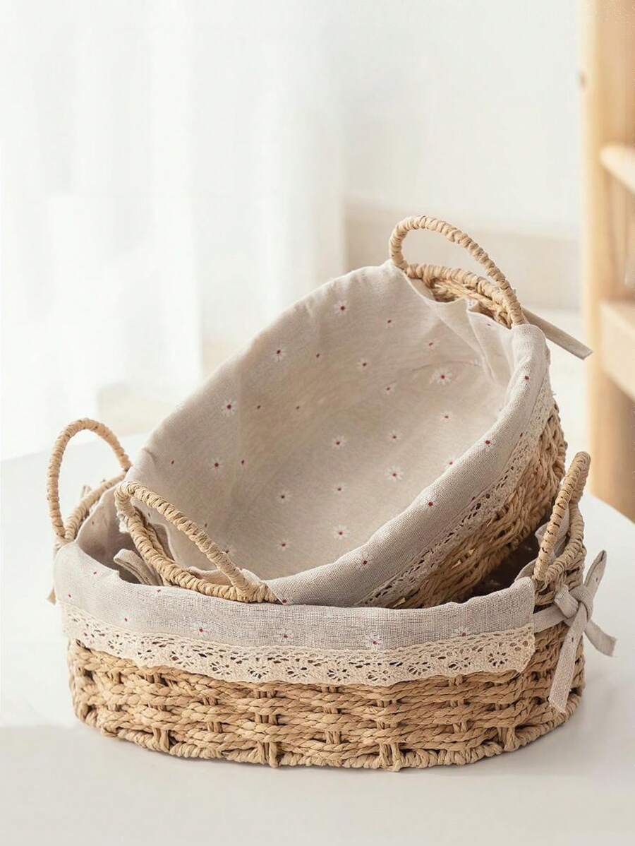 2pcs/Set Woven Pattern Desktop Storage Basket With Handles For Home, Multi-Purpose Storage Solution For Makeup, Remote Control, Keys And Other Miscellaneous Items,Bohemian Rope Plant Pot Basket