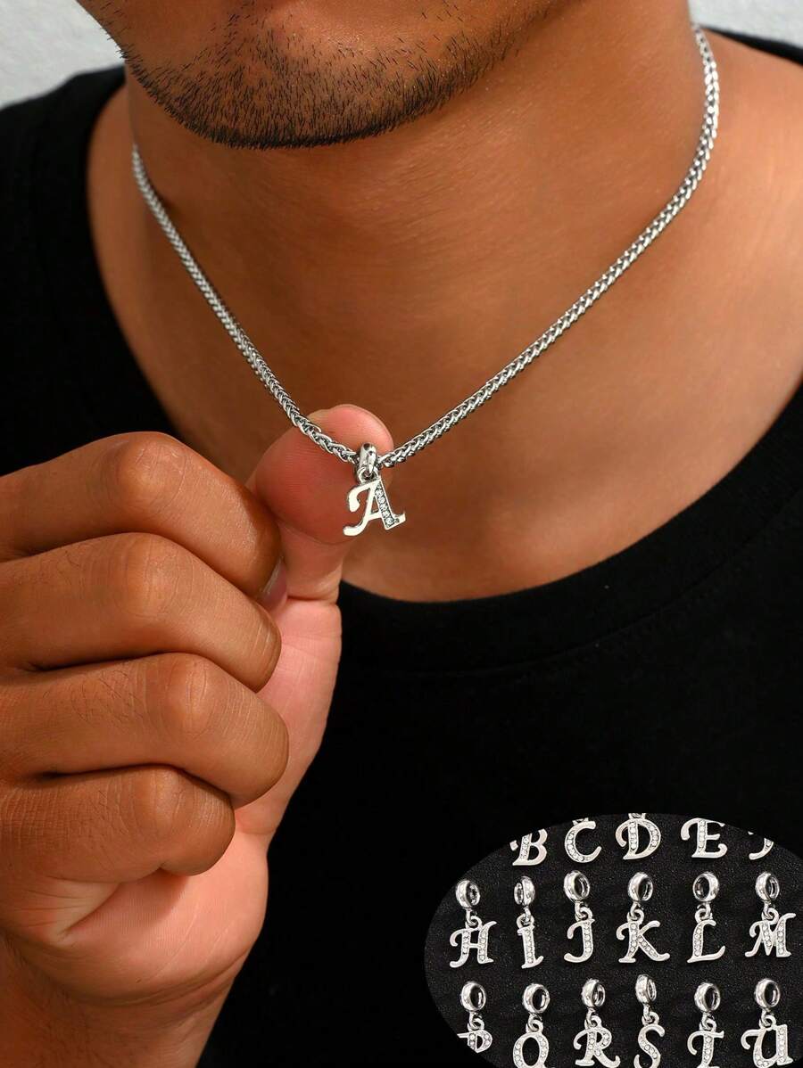 1 Pc Silver Plated Rhinestone Simple 26 Letters Personalized Pendant Keel Chain Necklace Best For Men Birthday Commemoration Gift Necklacee