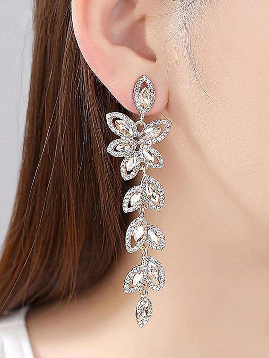 1 Pair Luxury Rhinestone Leaf-Shaped Long Earrings, Gift For Women Wedding Party Festival