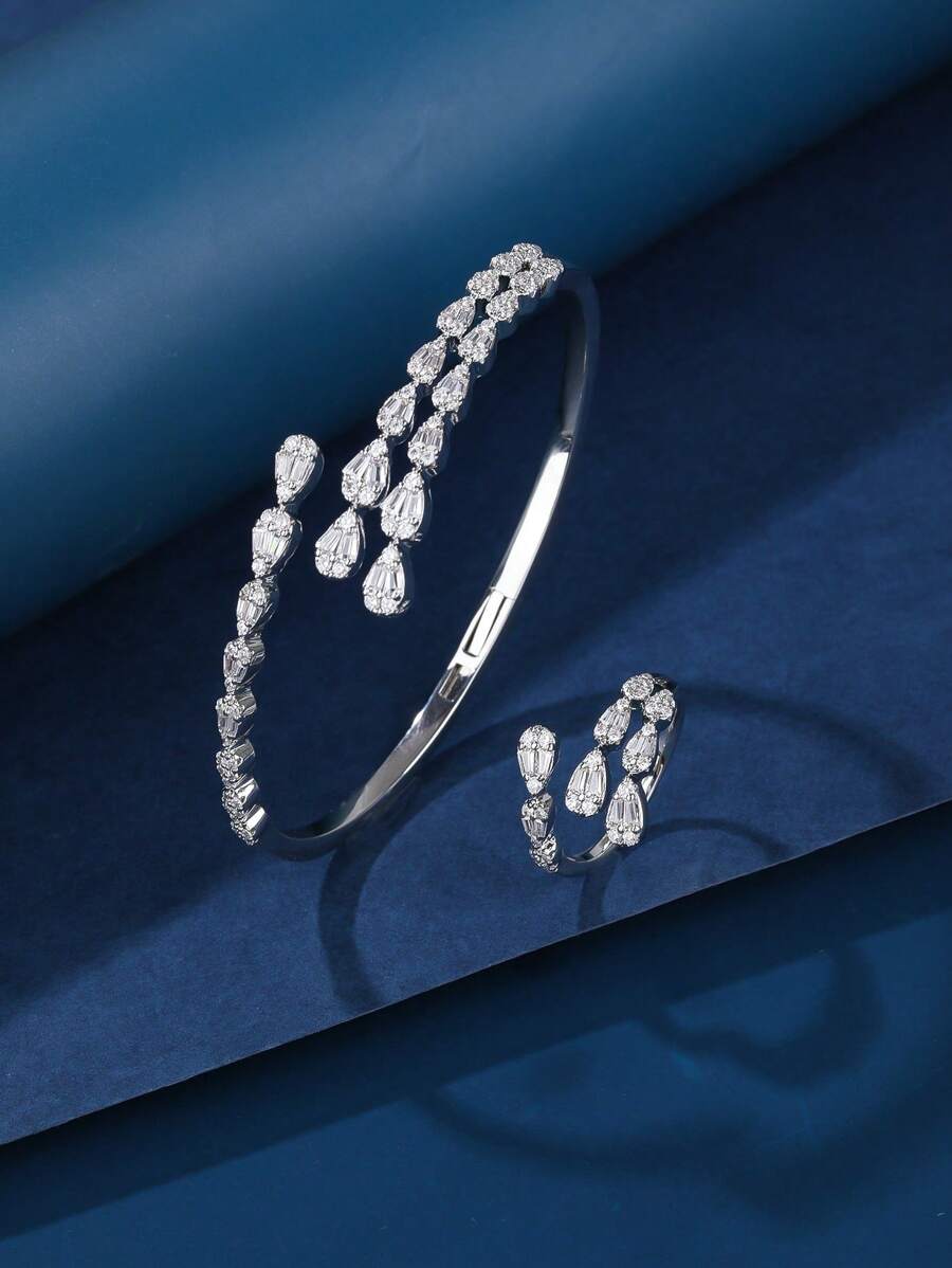 Bracelet & Ring Set Jewelry, Luxurious And Elegant Bling Bling Design With Multiple Rows Of Combination, Open-Ended Bracelet Ring, Suitable For Gifting, Women Daily And Holiday Wear.