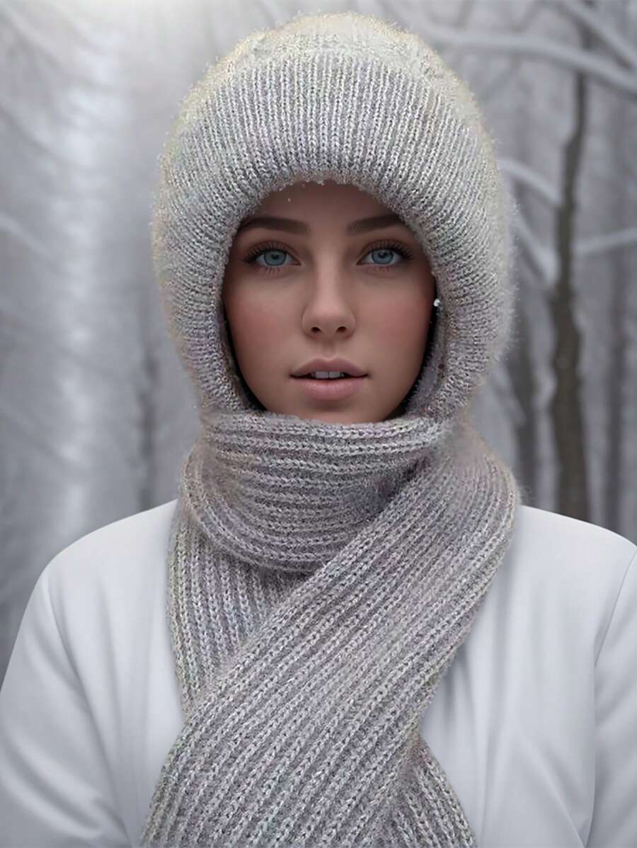 1 Stück Damen Fleece Beanie Mütze und Schal Set, zweifarbig, niedlich, Winterskimütze, dick und warm, Ohrenschutz, gestrickte Mütze und Schal Set, Winterschal, Fleece Beanie Set, dick und kältebeständig, elastische gestrickte Schlauchschal, für Damen und Herren Outdoor, Damen Winter Warm integrierte gestrickte Mütze und Schal, vielseitig, windundurchlässiger Ohrenschutz, gestrickte Mütze, Winter Mütze und Schal Set, Damen kalt und warm gestrickte Mütze mit Ohrenschutz