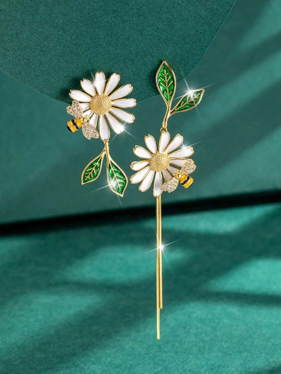 1 par de brincos minimalistas e modernos da série Daisy, abelha, pintura de flores, gota a óleo, folha, assimétricos, com borlas longas, adequados para uso diário, dia dos namorados, mãe, mãe, dia das mães, presente