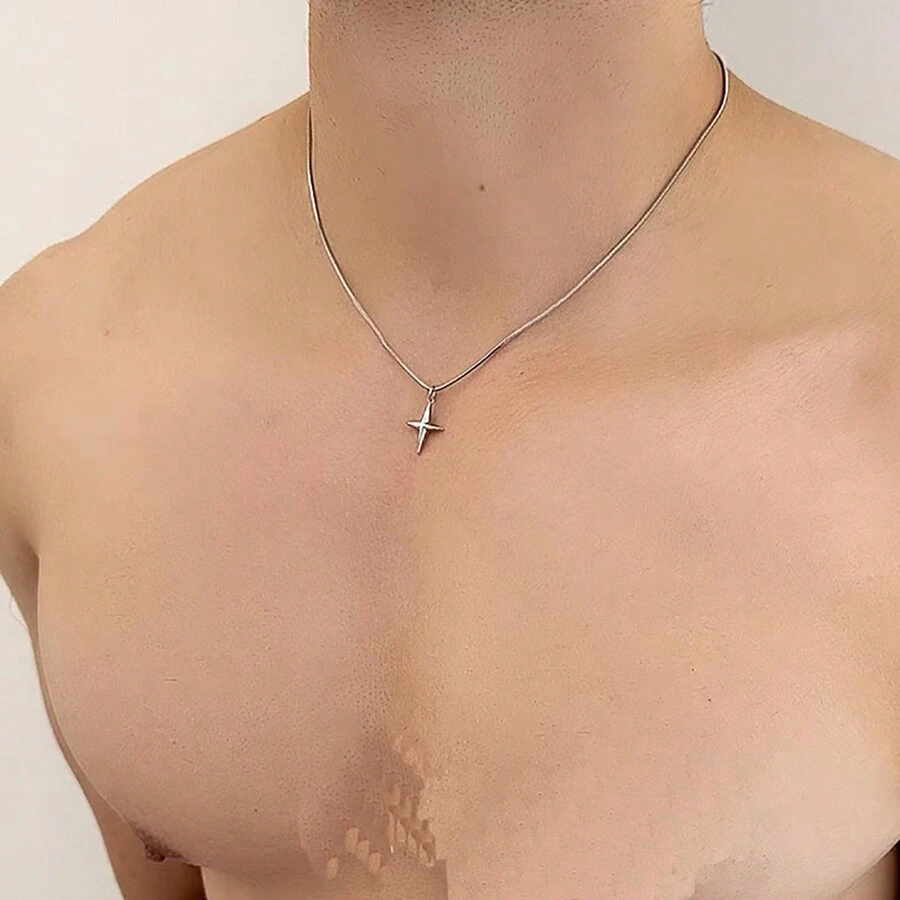 1 Peça Colar Curto Elegante E Versátil De Osso De Cobra Em Aço Inoxidável Prateado Com Pingente Em Formato De Cruz E Estrela Para Homens, Vestuário Diário, Não Desvanece
