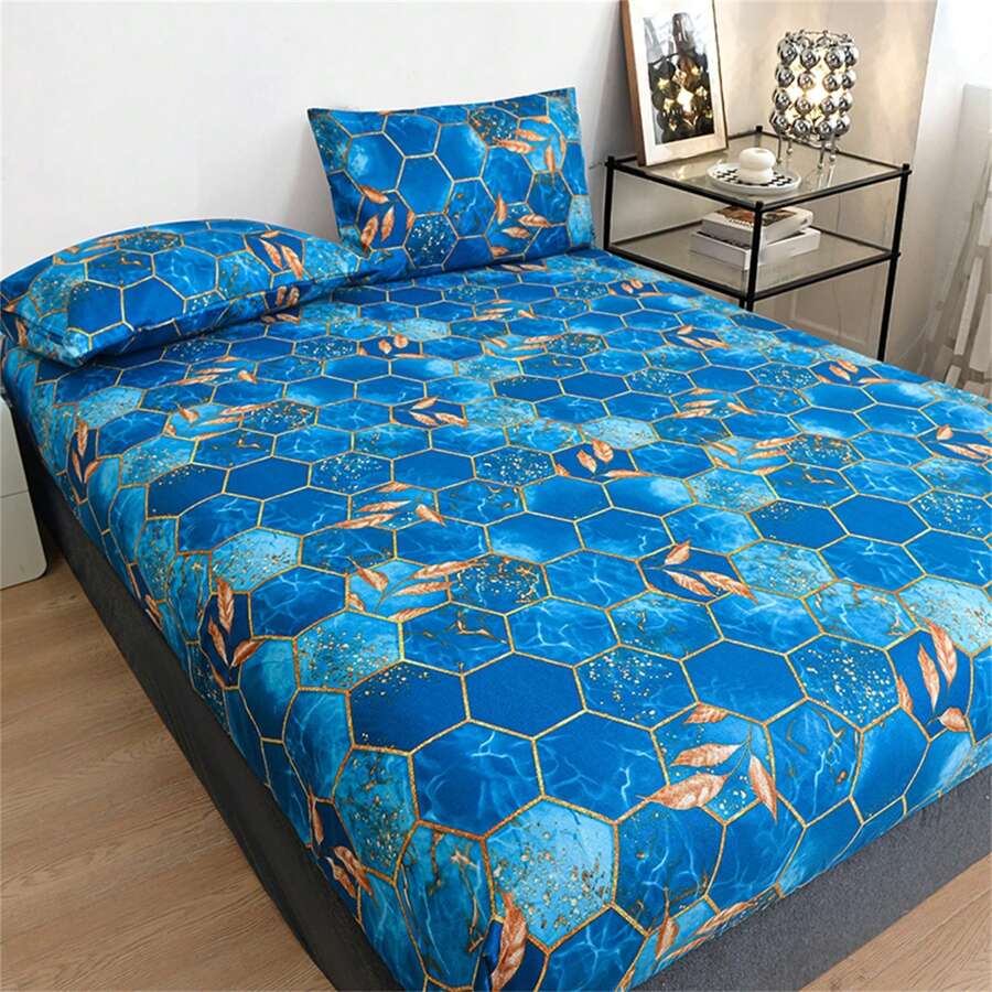 3pcs Geometric Pattern Grid Print Modern Style Bedding Set With 1 Fitted Sheet And 2 Pillowcases, Without Filler, Four Seasons Available For Bedroom