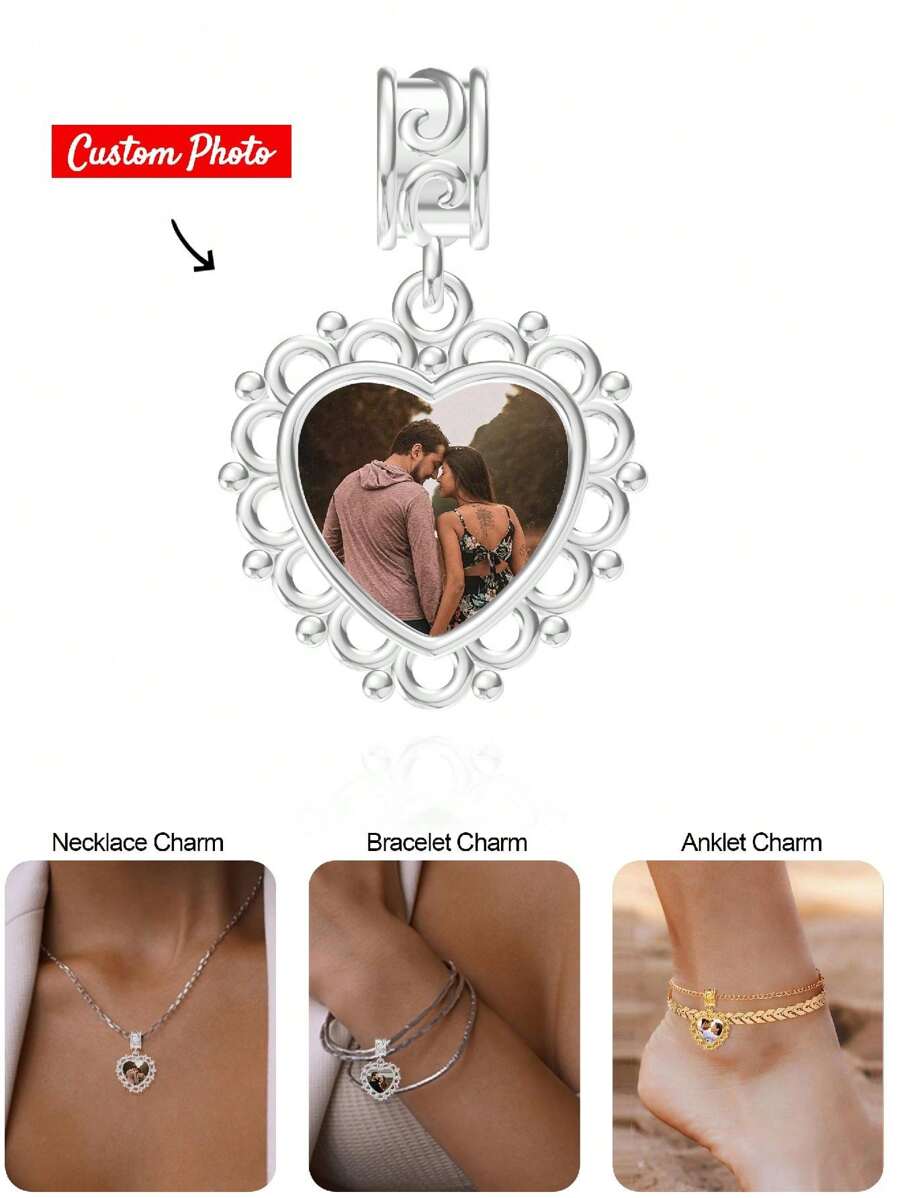 1 Peça Berloque De Pulseira Personalizado Com Foto Para Mulheres E Mães, Pingente De Colar Com Foto, Berloque De Tornozeleira Com Foto, Pingente De Medalha De Coração Redondo Para Presente De Filha, Namorada, Esposa Ou Melhor Amiga