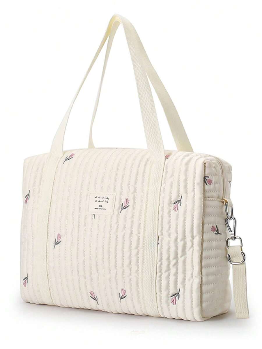 1 pieza Bolso de pañales de gran capacidad con estampado de flor roja estilo INS, bolso de hombro cruzado de moda con bordado para mamá